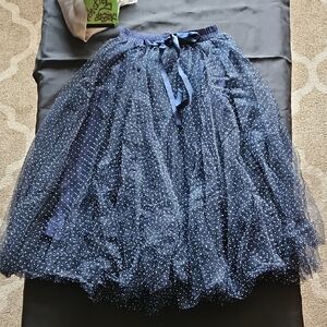 Navy Polka Dot Tulle Skater Skirt with Ribbon Waist